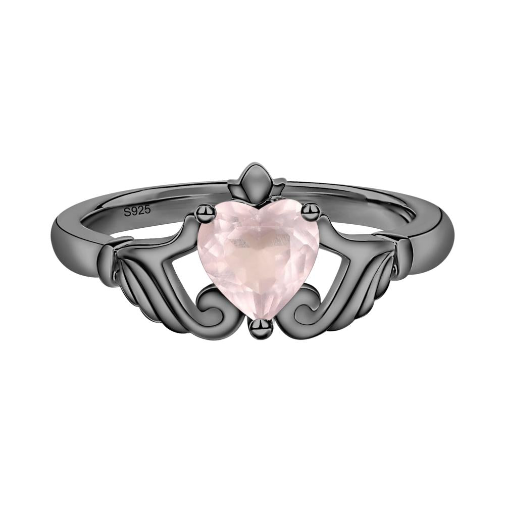 Heart Shaped Rose Quartz Claddagh Ring - LUO Jewelry #metal_black finish sterling silver