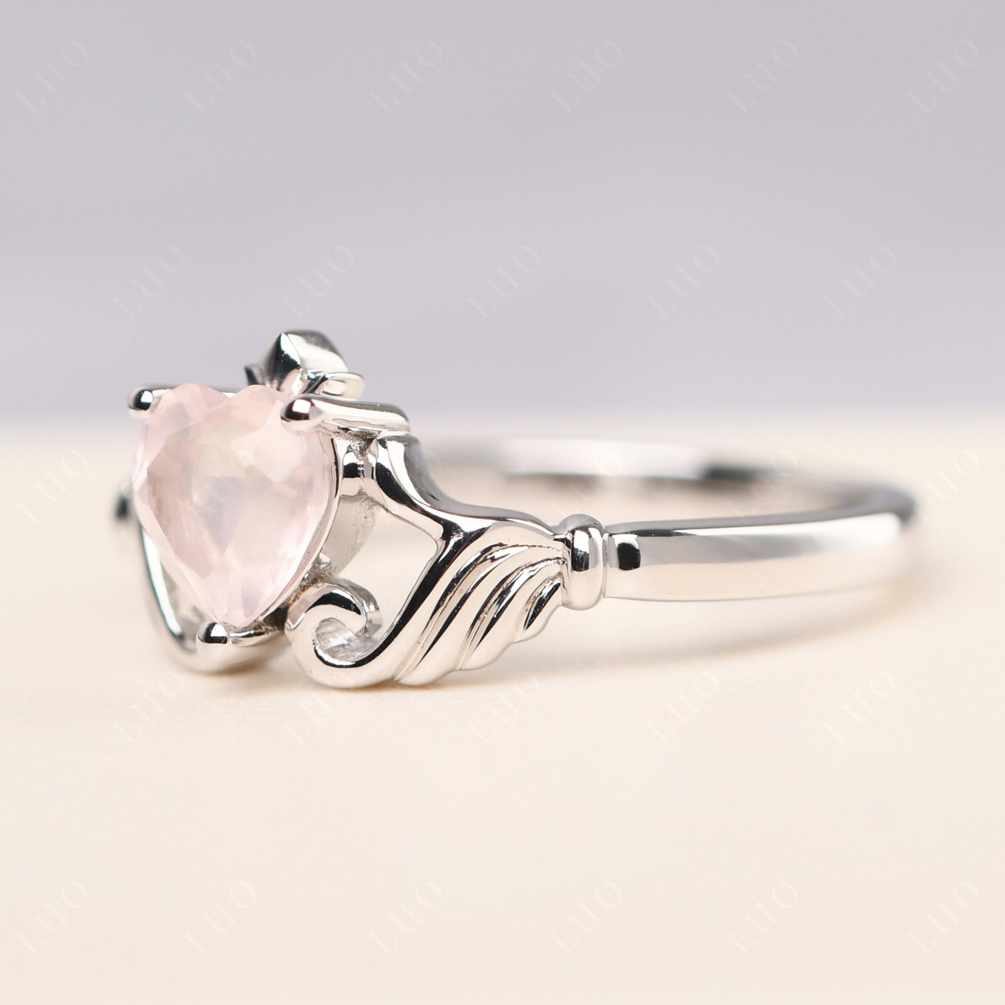 Heart Shaped Rose Quartz Claddagh Ring - LUO Jewelry