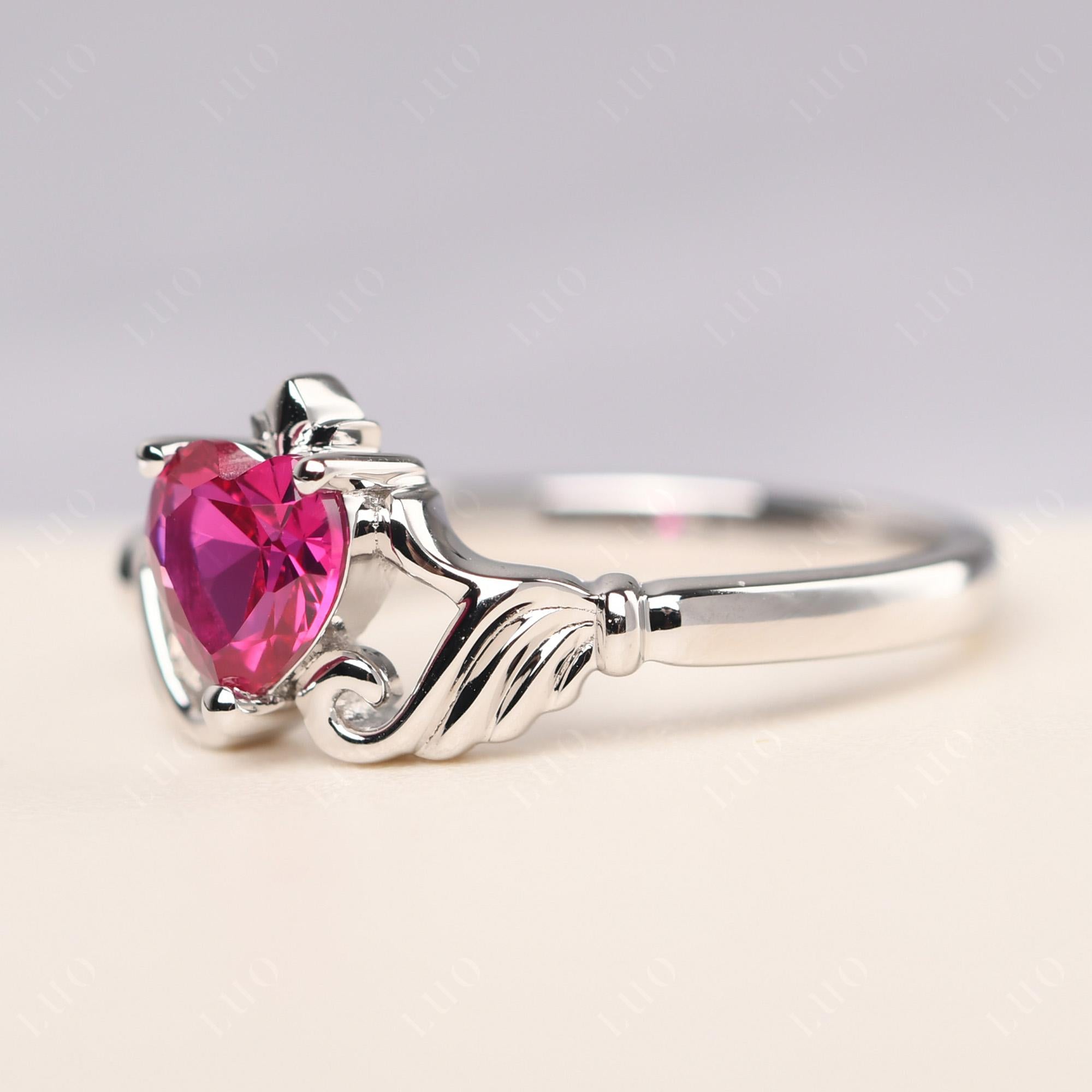 Heart Shaped Ruby Claddagh Ring - LUO Jewelry