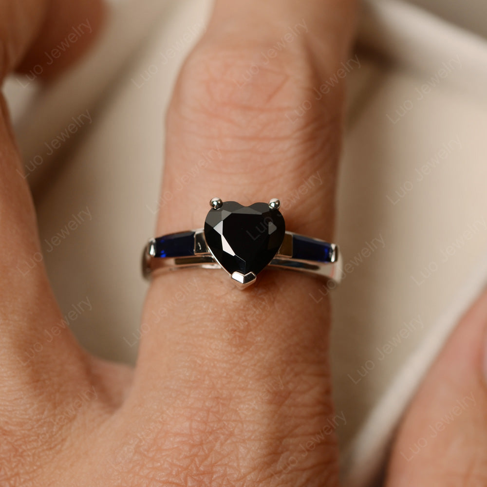 Heart Shaped Black Spinel Ring With Baguette - LUO Jewelry