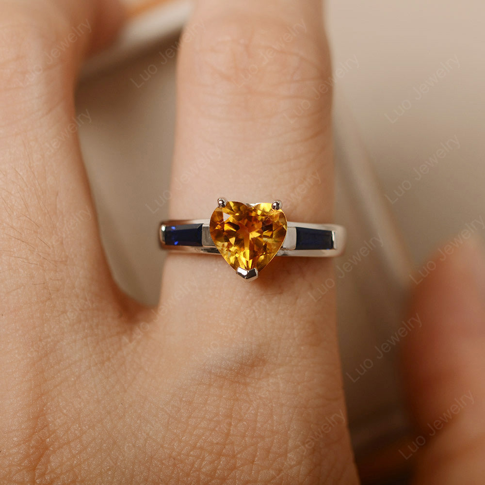 Heart Shaped Citrine Ring With Sapphire Baguette - LUO Jewelry