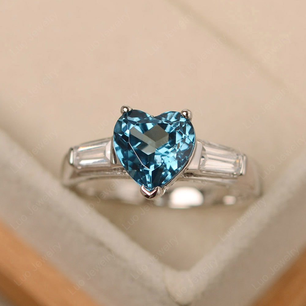 Heart Shaped London Blue Topaz Ring With Baguette - LUO Jewelry