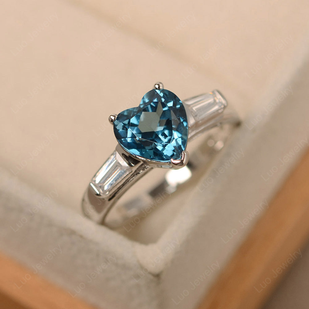 Heart Shaped London Blue Topaz Ring With Baguette - LUO Jewelry