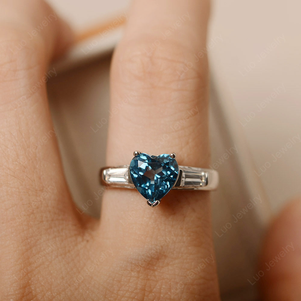 Heart Shaped London Blue Topaz Ring With Baguette - LUO Jewelry