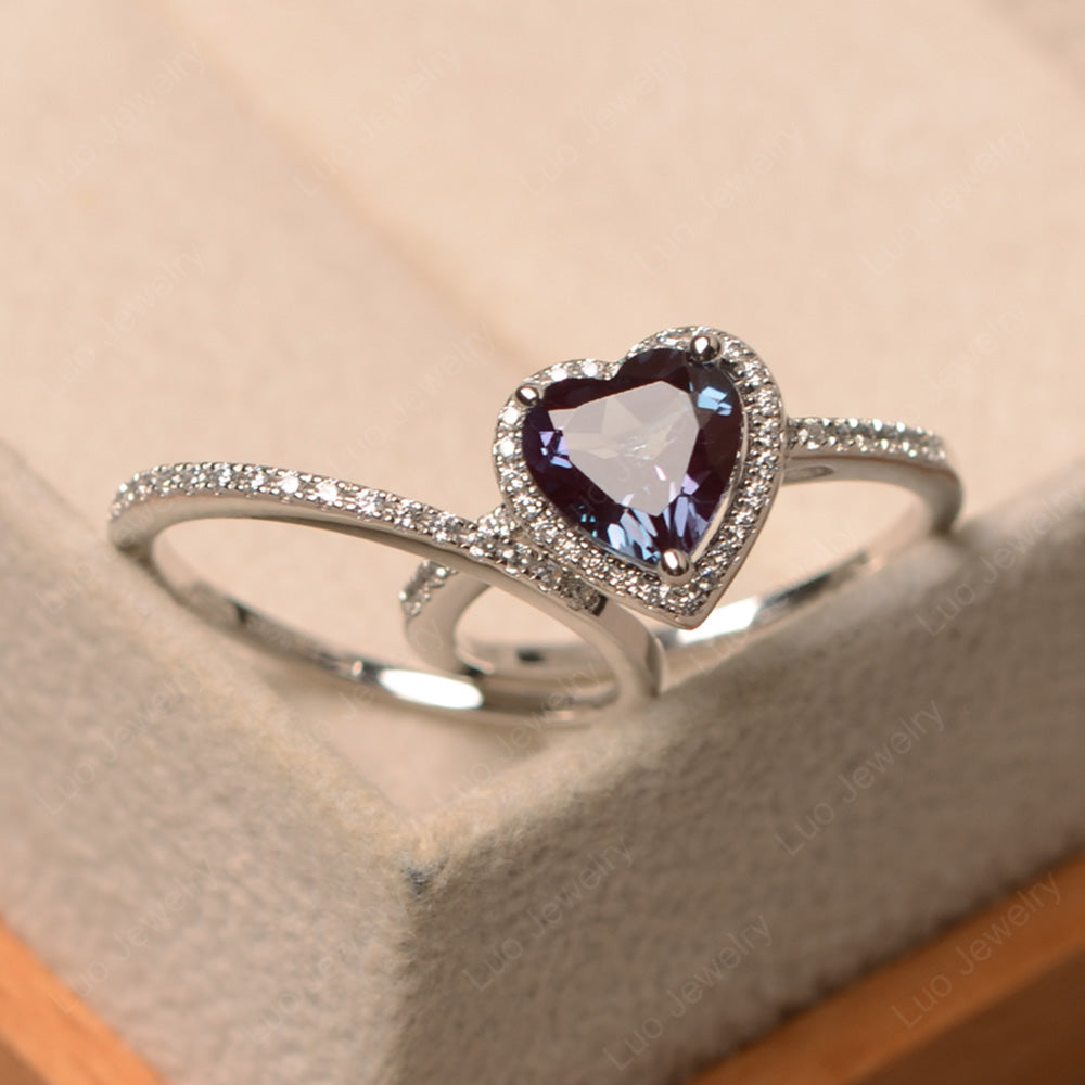 Heart Shaped Alexandrite Halo Bridal Set Ring - LUO Jewelry