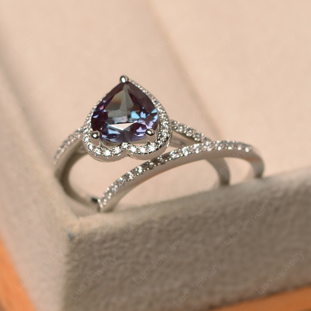 Heart Shaped Alexandrite Halo Bridal Set Ring - LUO Jewelry