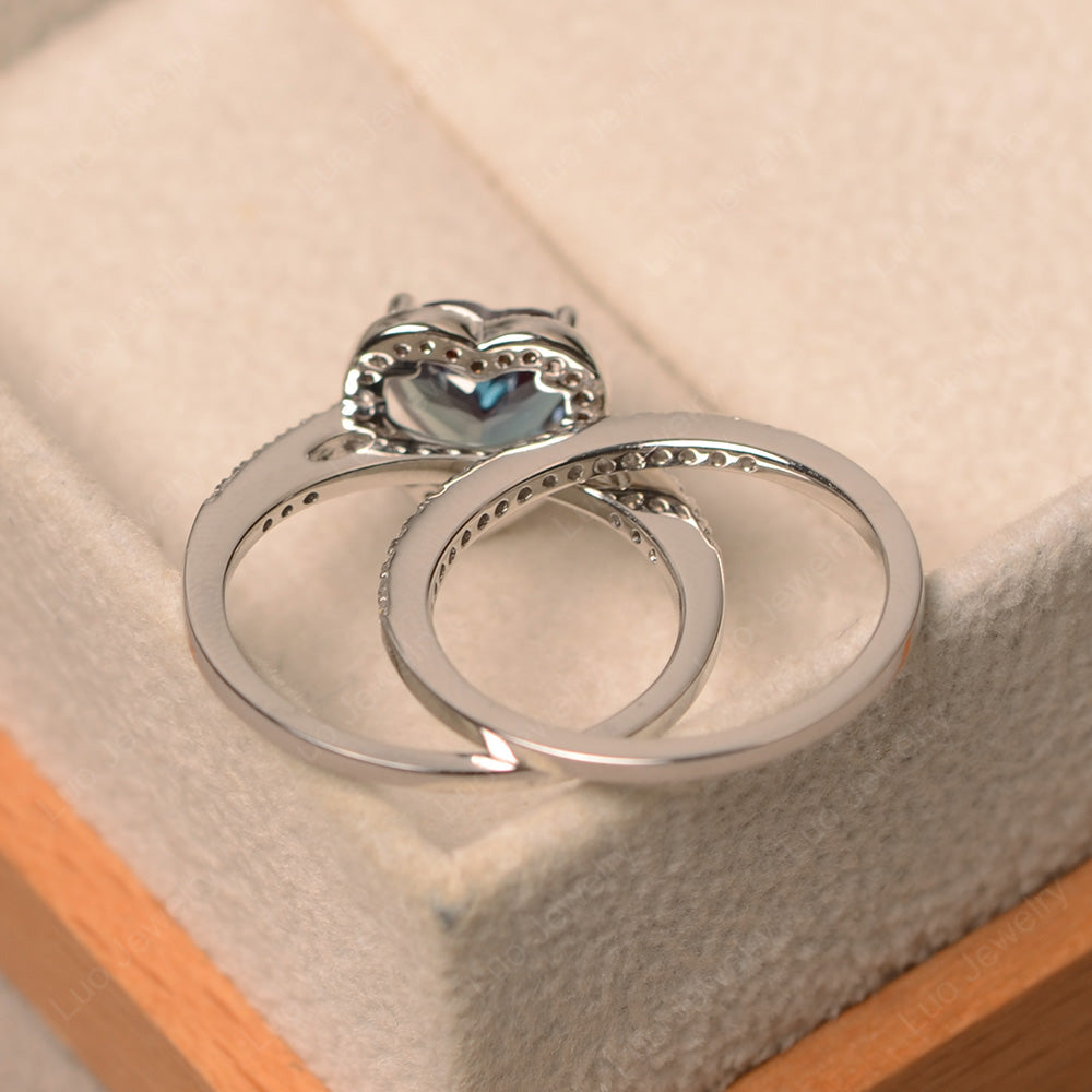 Heart Shaped Alexandrite Halo Bridal Set Ring - LUO Jewelry