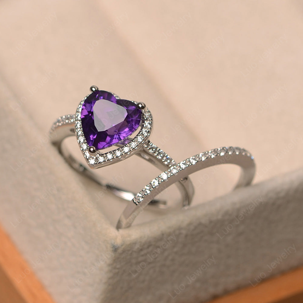 Heart Shaped Amethyst Halo Bridal Set Ring - LUO Jewelry
