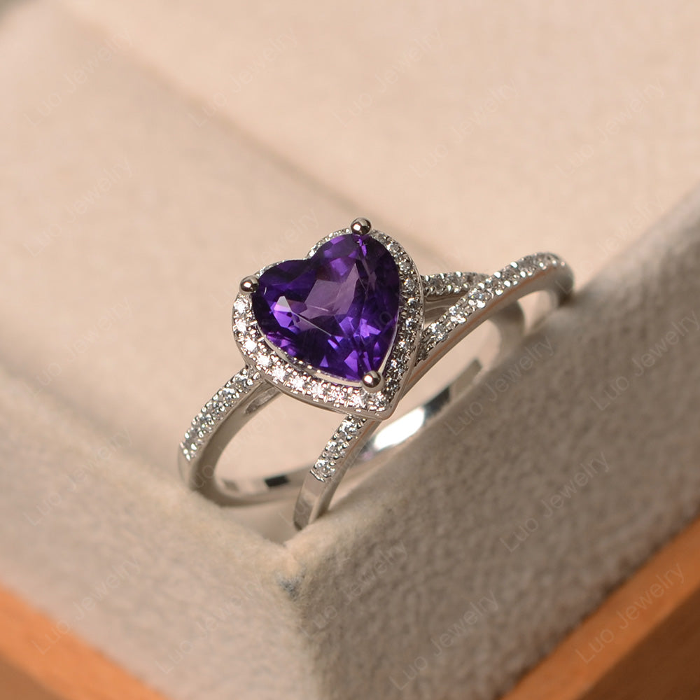 Heart Shaped Amethyst Halo Bridal Set Ring - LUO Jewelry