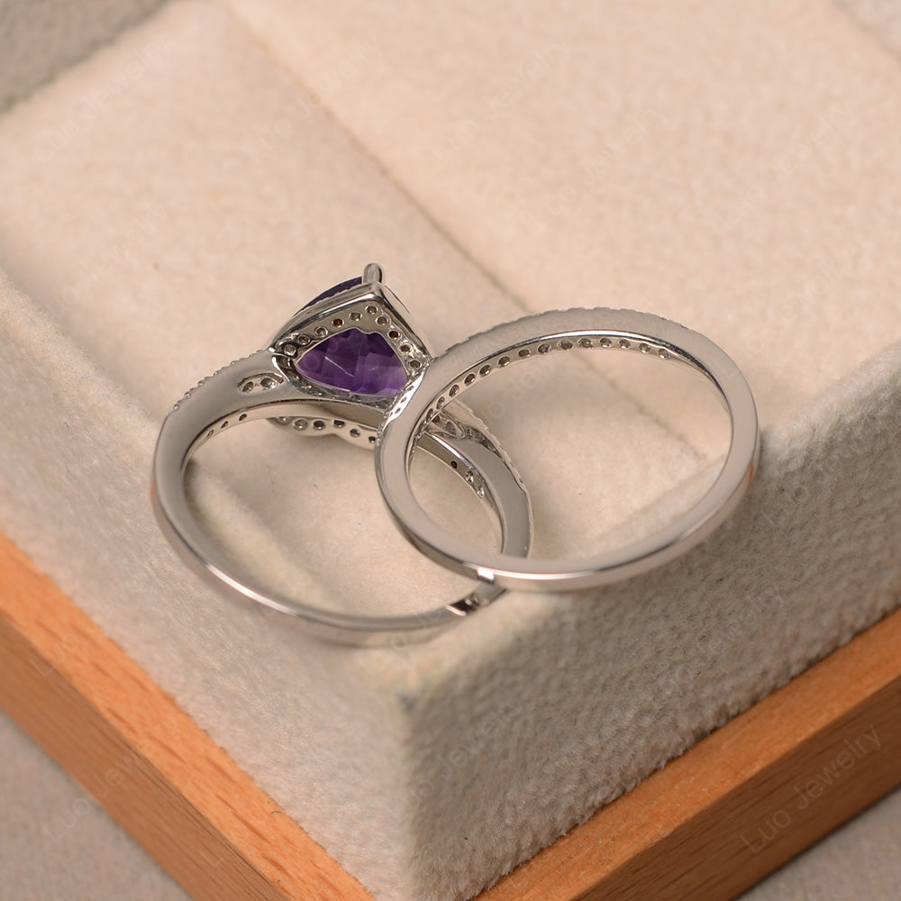 Heart Shaped Amethyst Halo Bridal Set Ring - LUO Jewelry