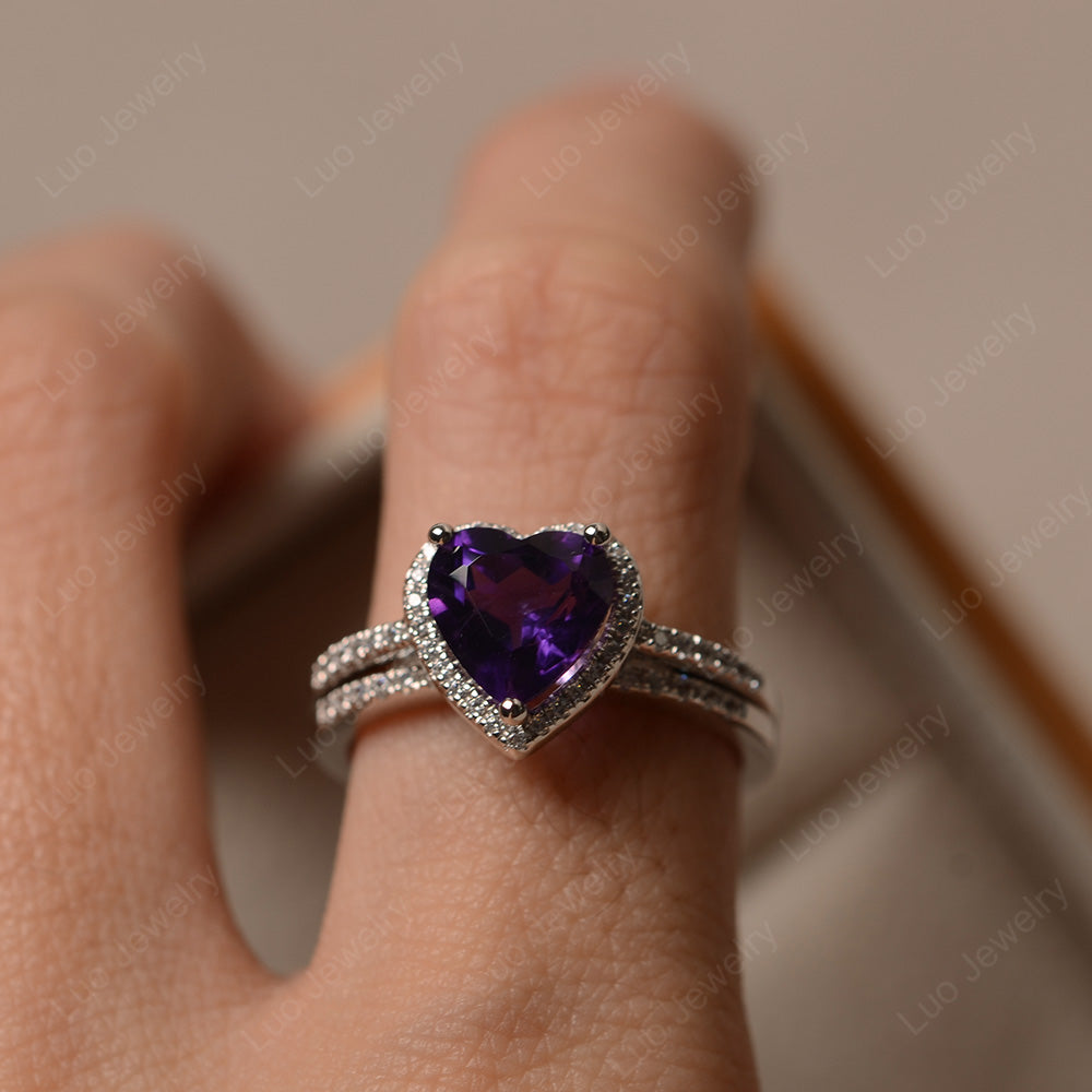 Heart Shaped Amethyst Halo Bridal Set Ring - LUO Jewelry