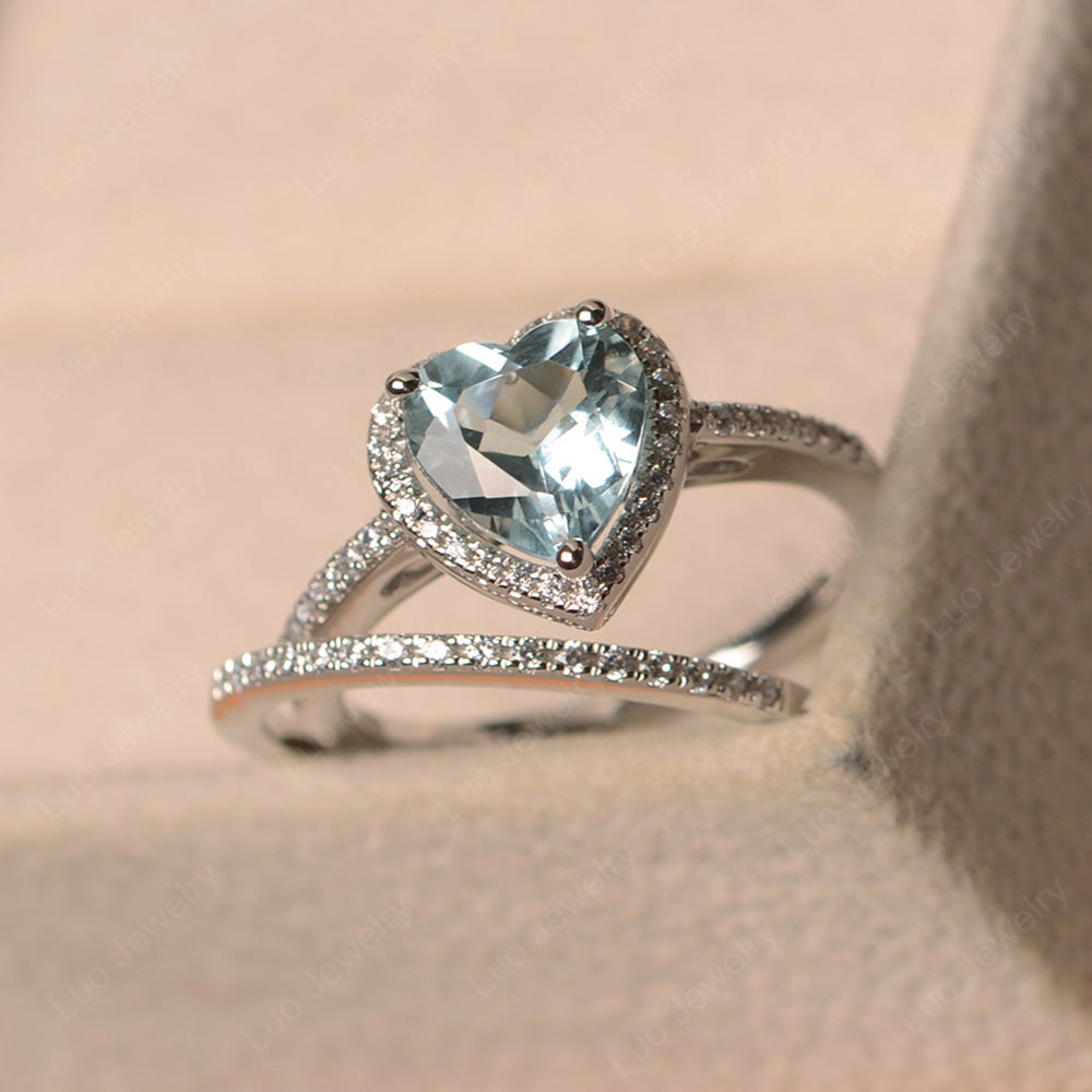 Heart Shaped Aquamarine Halo Bridal Set Ring - LUO Jewelry