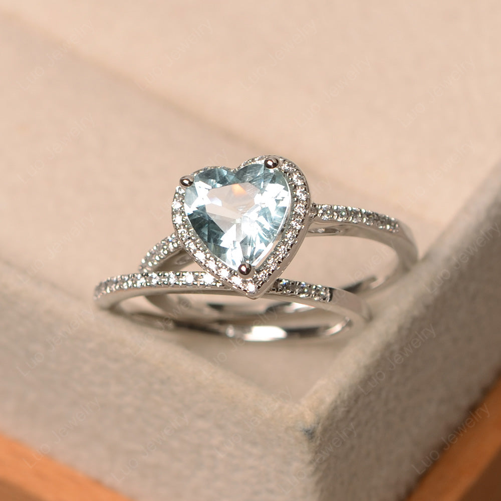 Heart Shaped Aquamarine Halo Bridal Set Ring - LUO Jewelry