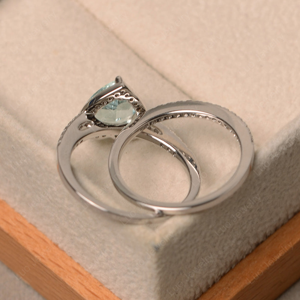 Heart Shaped Aquamarine Halo Bridal Set Ring - LUO Jewelry