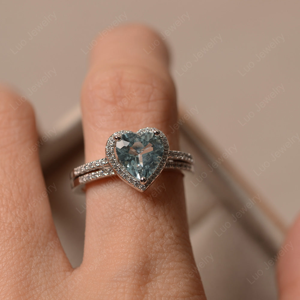 Heart Shaped Aquamarine Halo Bridal Set Ring - LUO Jewelry