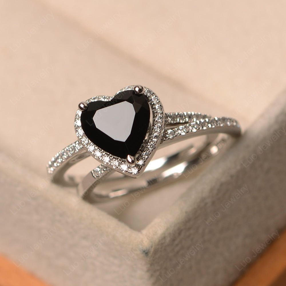 Heart Shaped Black Spinel Halo Bridal Set Ring - LUO Jewelry