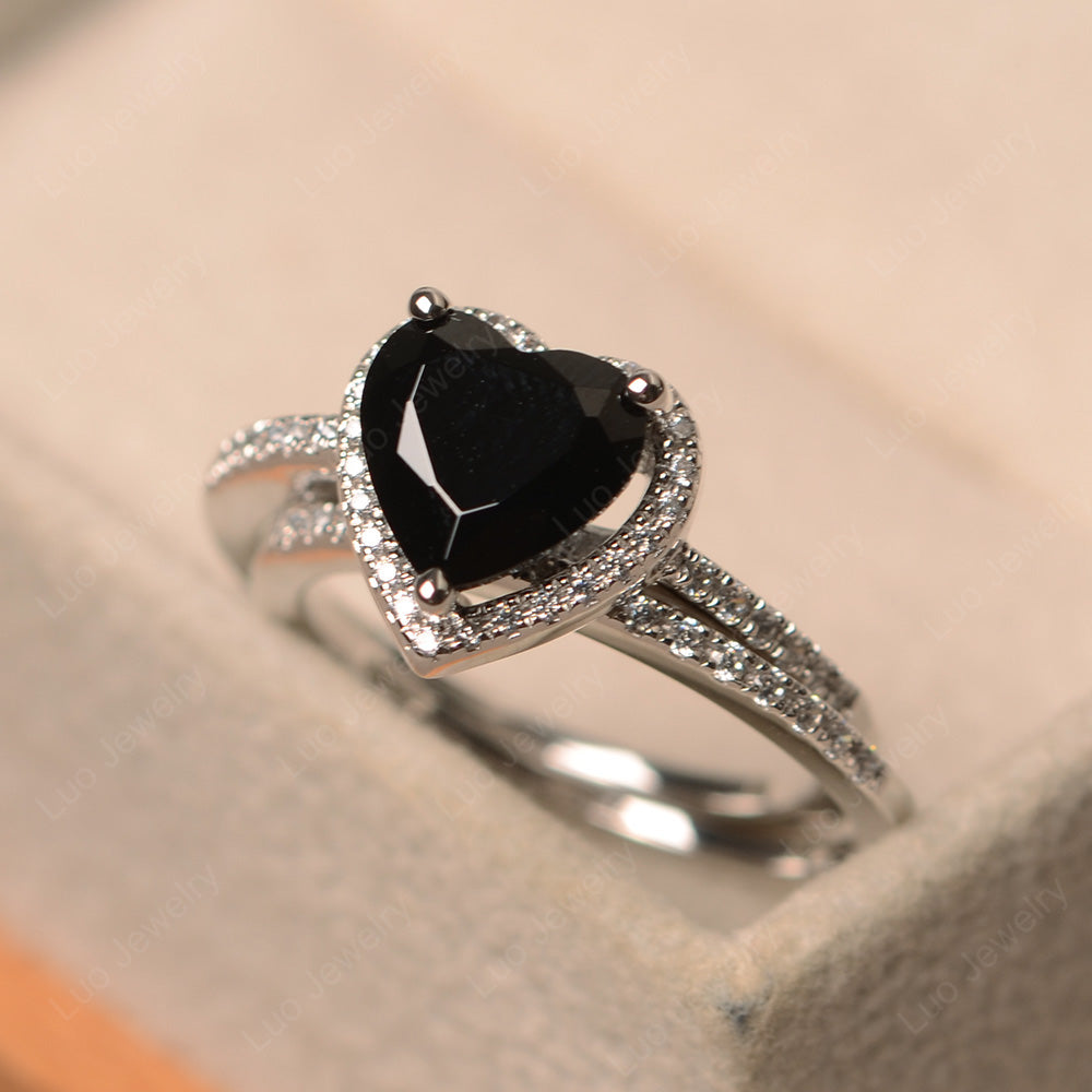 Heart Shaped Black Spinel Halo Bridal Set Ring - LUO Jewelry