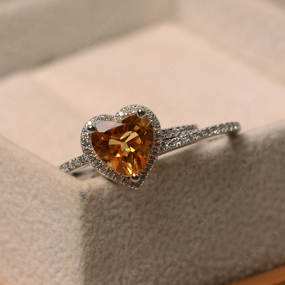 Heart Shaped Citrine Halo Bridal Set Ring - LUO Jewelry
