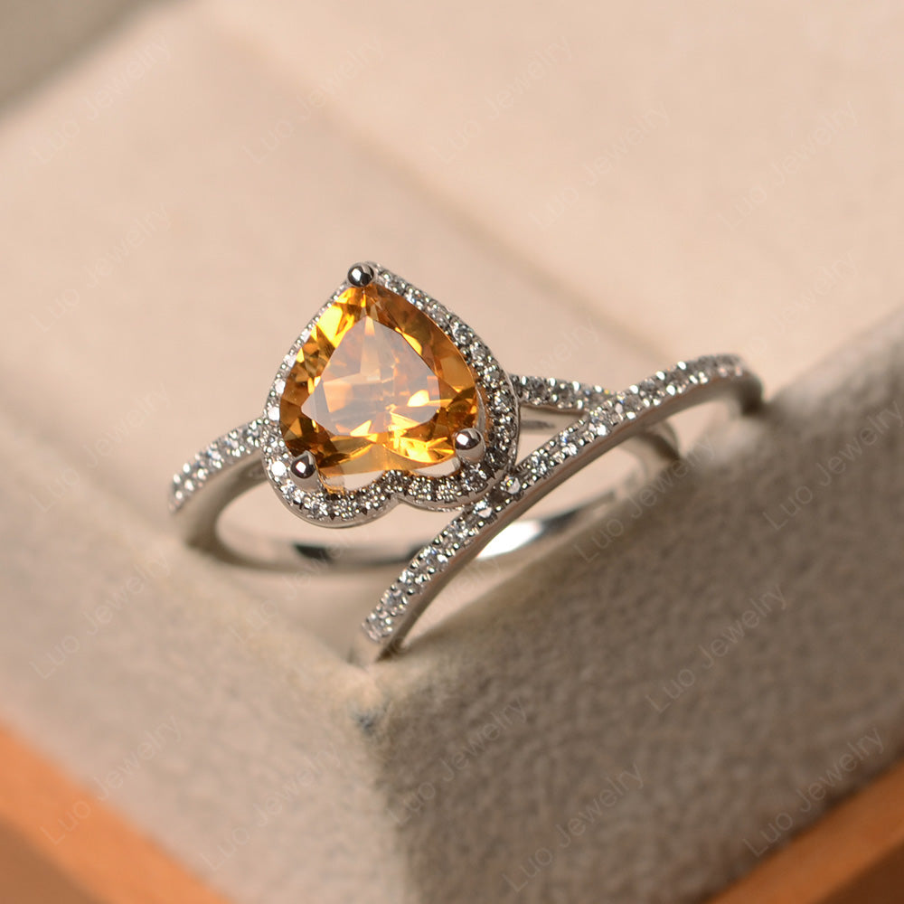 Heart Shaped Citrine Halo Bridal Set Ring - LUO Jewelry
