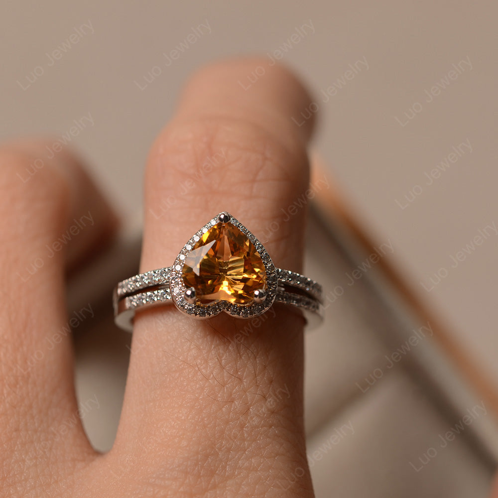 Heart Shaped Citrine Halo Bridal Set Ring - LUO Jewelry