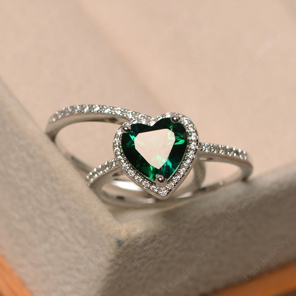 Heart Shaped Lab Emerald Halo Bridal Set Ring - LUO Jewelry