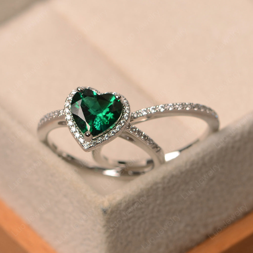 Heart Shaped Lab Emerald Halo Bridal Set Ring - LUO Jewelry