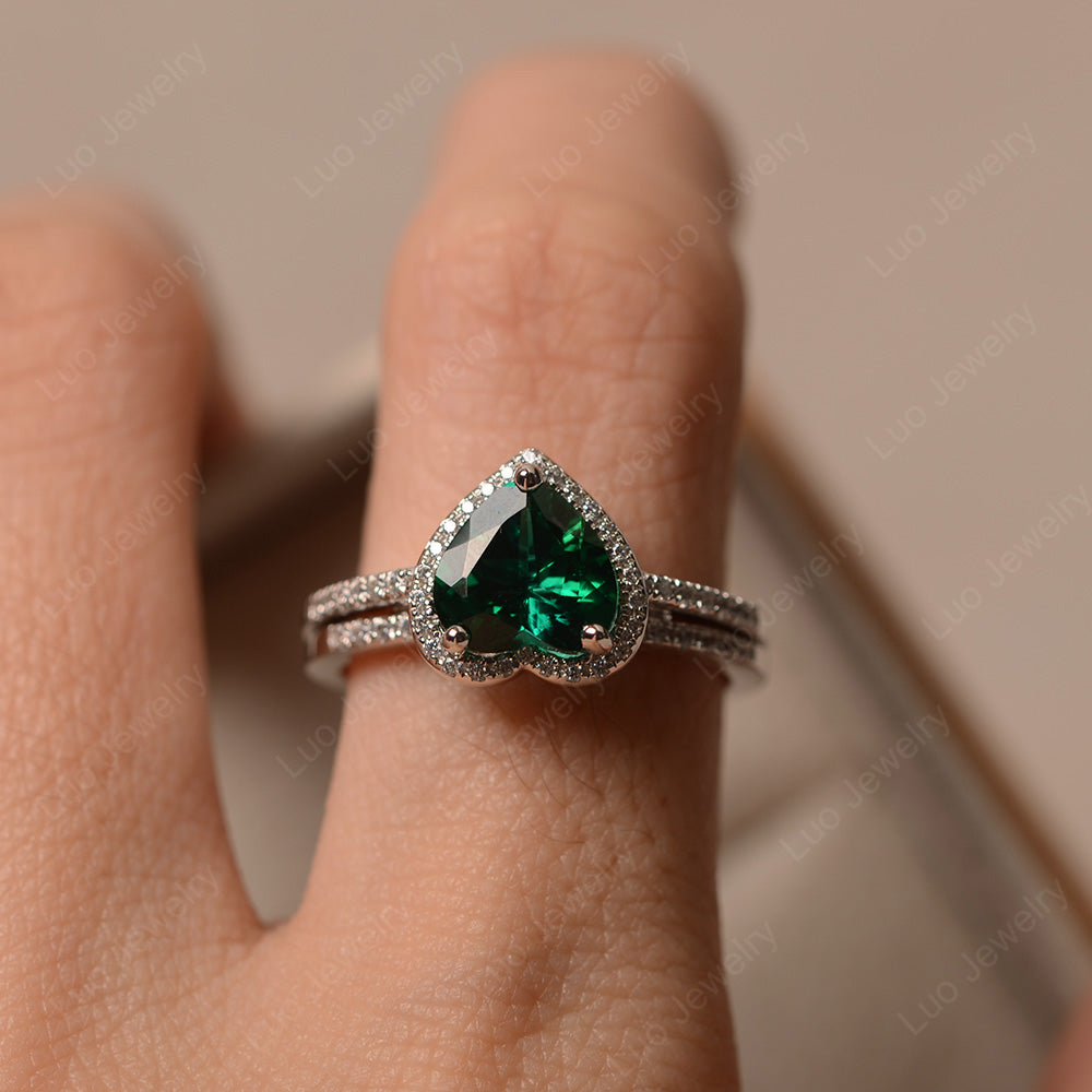 Heart Shaped Lab Emerald Halo Bridal Set Ring - LUO Jewelry