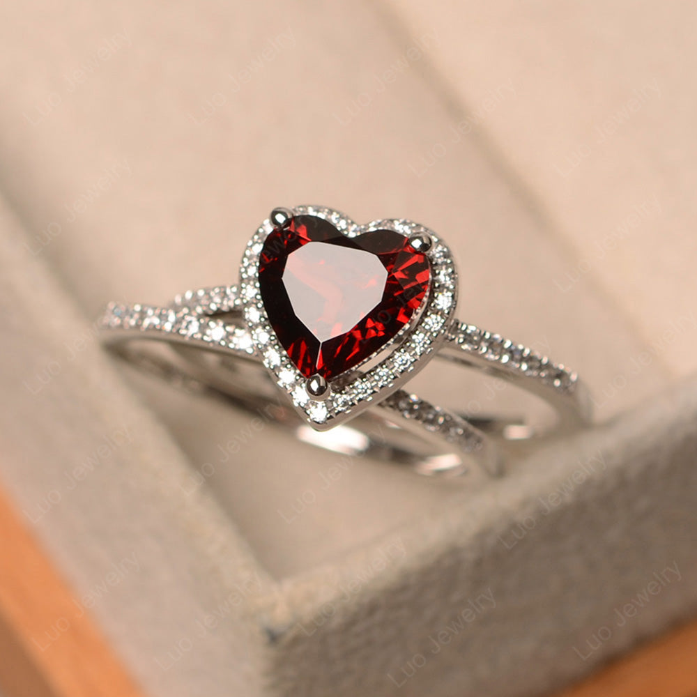 Heart Shaped Garnet Halo Bridal Set Ring - LUO Jewelry