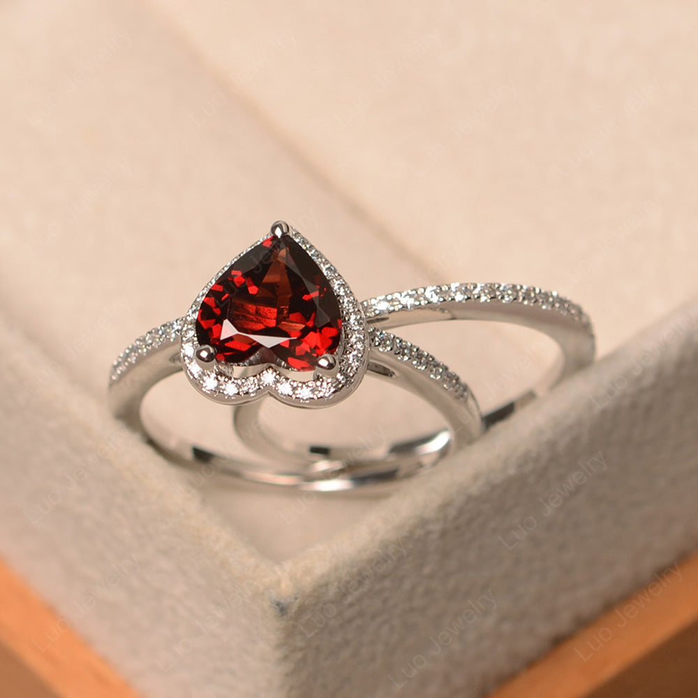 Heart Shaped Garnet Halo Bridal Set Ring - LUO Jewelry