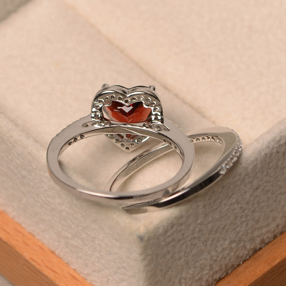 Heart Shaped Garnet Halo Bridal Set Ring - LUO Jewelry