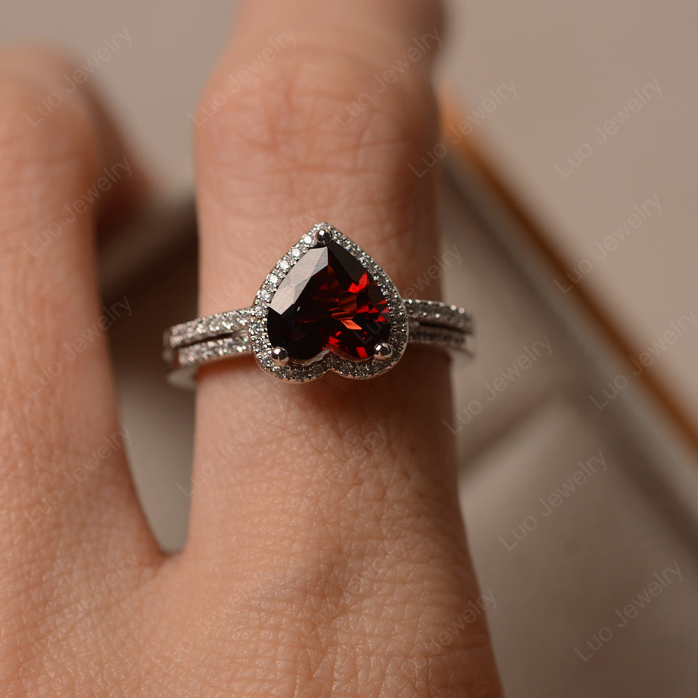 Heart Shaped Garnet Halo Bridal Set Ring - LUO Jewelry