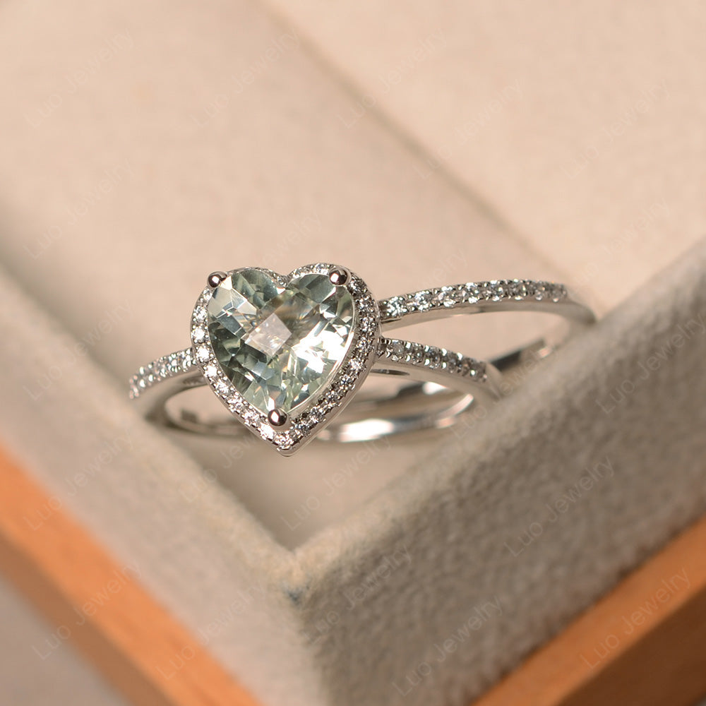 Heart Shaped Green Amethyst Halo Bridal Set Ring - LUO Jewelry