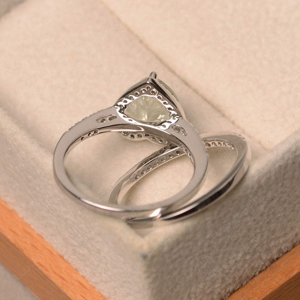 Heart Shaped Green Amethyst Halo Bridal Set Ring - LUO Jewelry