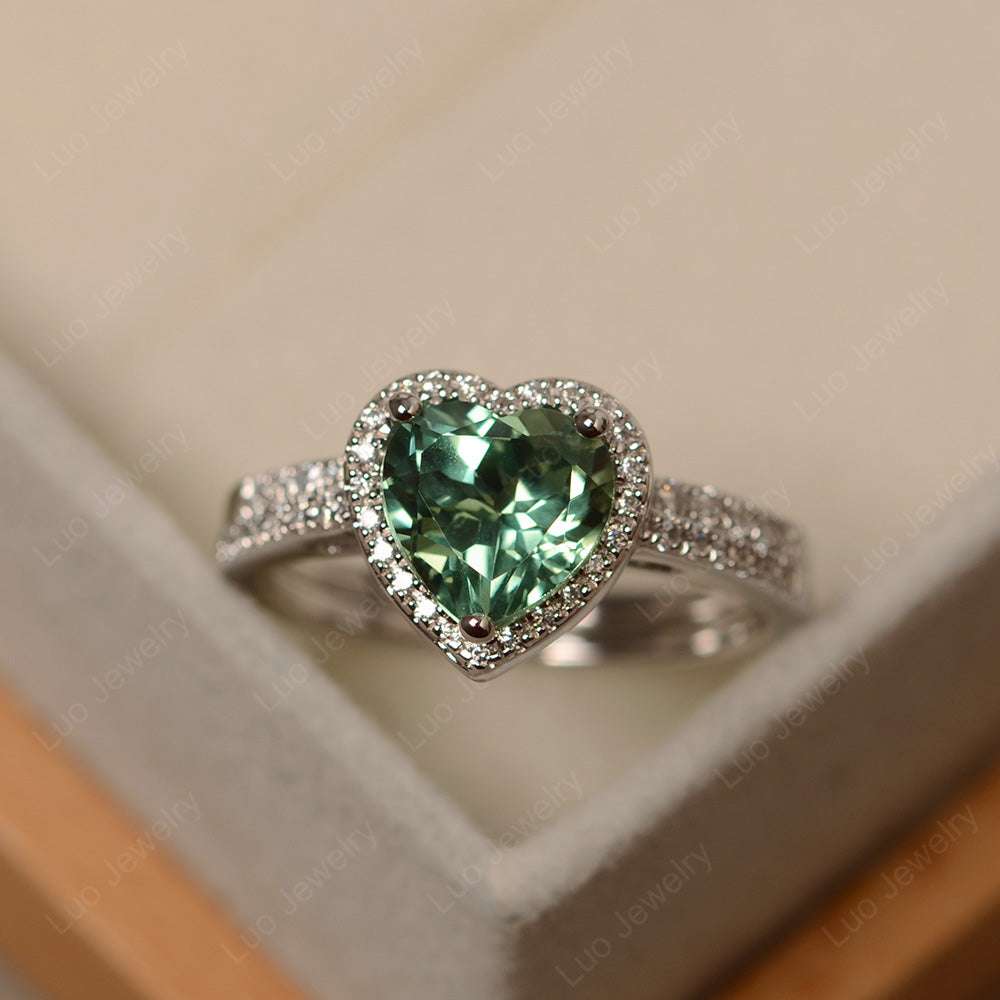 Heart Shaped Green Sapphire Halo Bridal Set Ring - LUO Jewelry