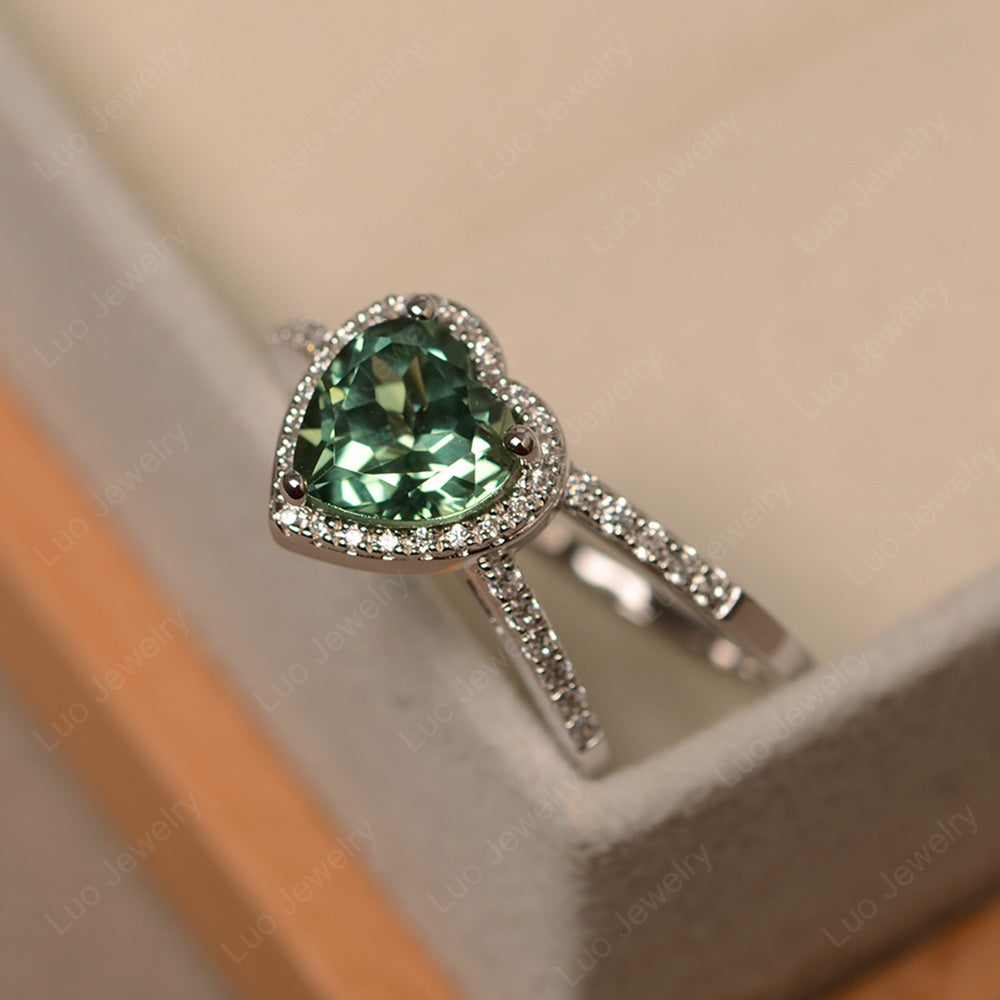 Heart Shaped Green Sapphire Halo Bridal Set Ring - LUO Jewelry