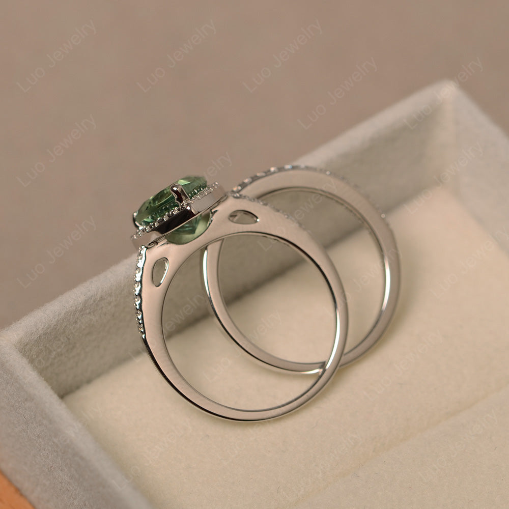 Heart Shaped Green Sapphire Halo Bridal Set Ring - LUO Jewelry
