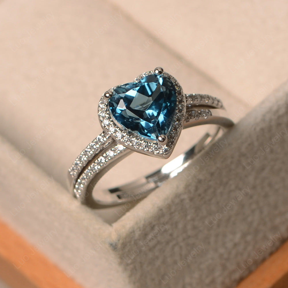 Heart Shaped London Blue Topaz Halo Bridal Set Ring - LUO Jewelry