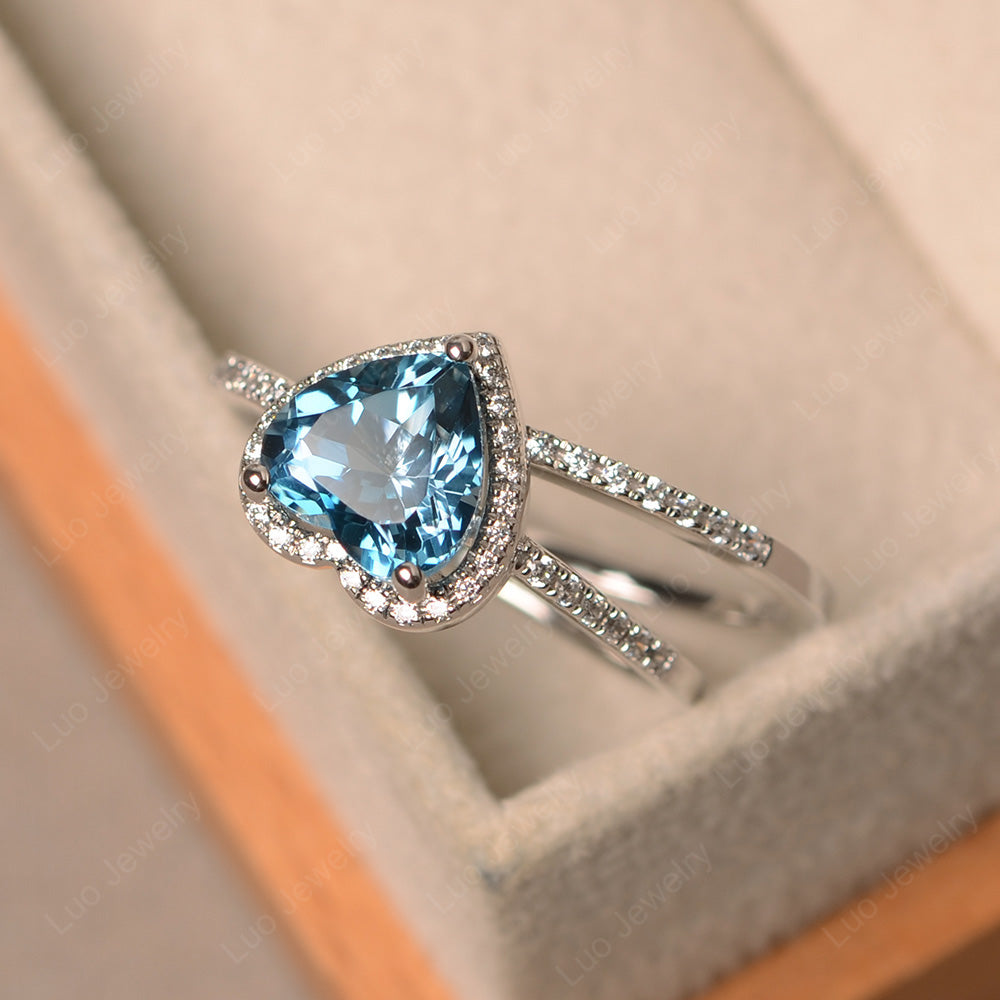 Heart Shaped London Blue Topaz Halo Bridal Set Ring - LUO Jewelry