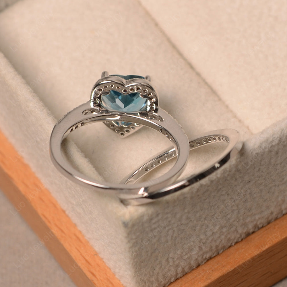 Heart Shaped London Blue Topaz Halo Bridal Set Ring - LUO Jewelry