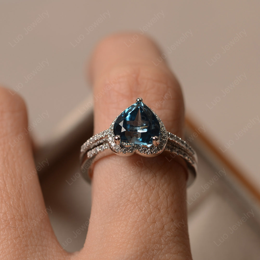 Heart Shaped London Blue Topaz Halo Bridal Set Ring - LUO Jewelry