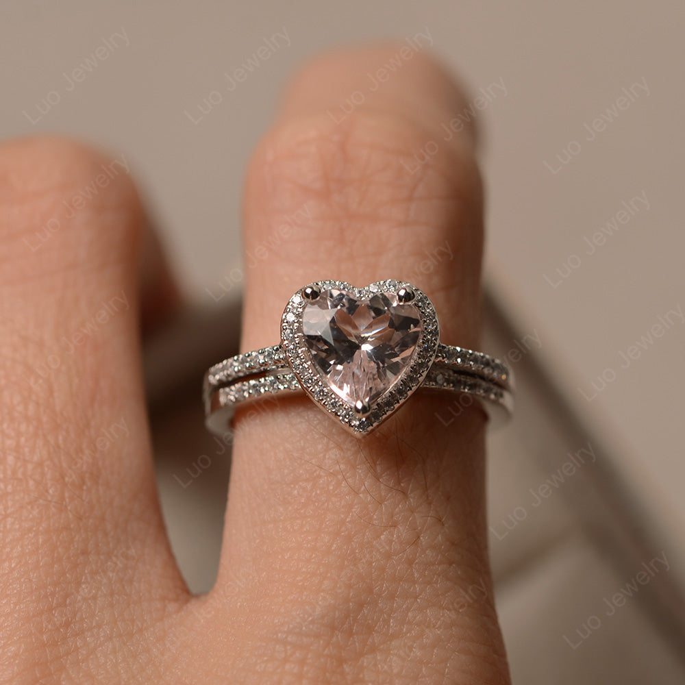 Heart Shaped Morganite Halo Bridal Set Ring - LUO Jewelry