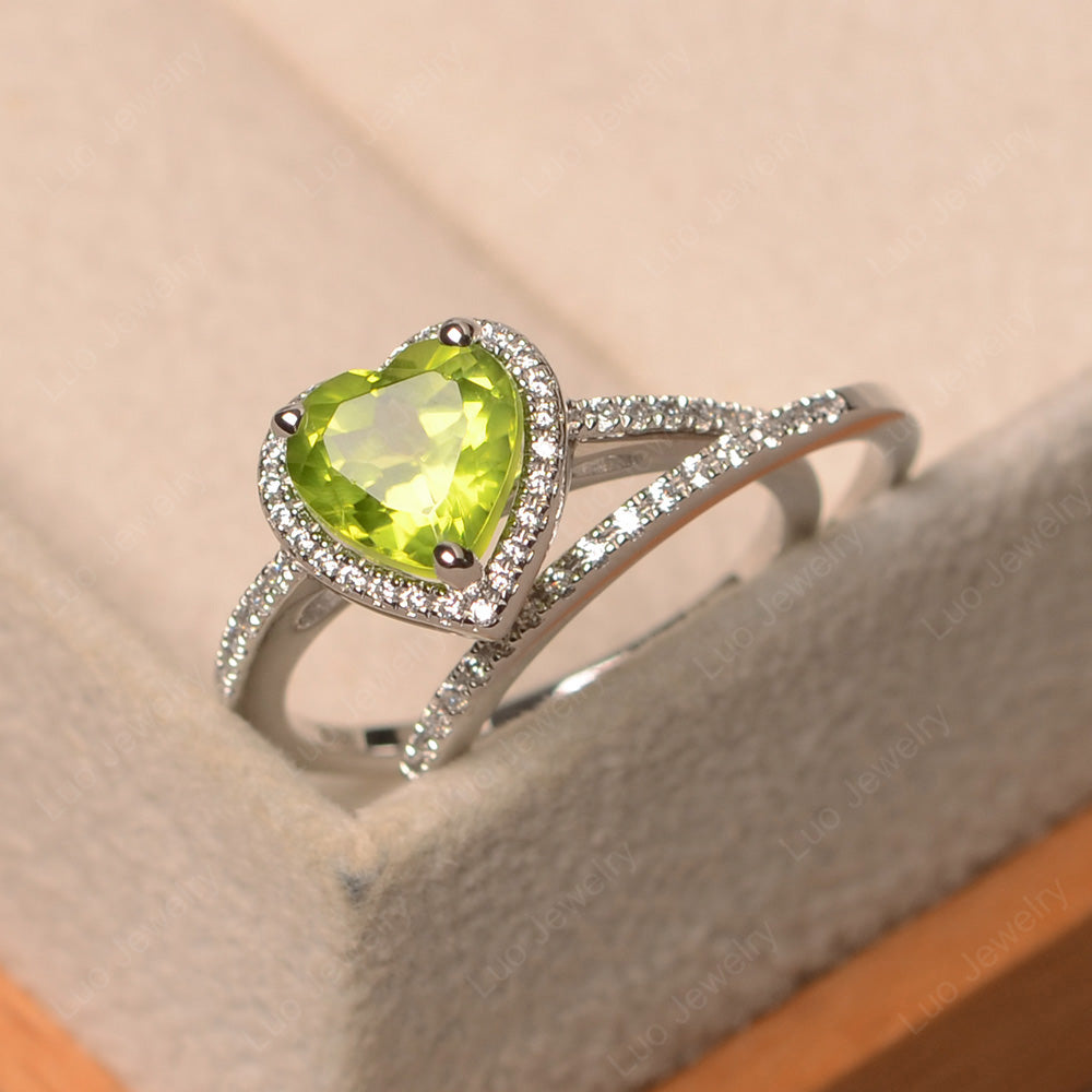 Heart Shaped Peridot Halo Bridal Set Ring - LUO Jewelry
