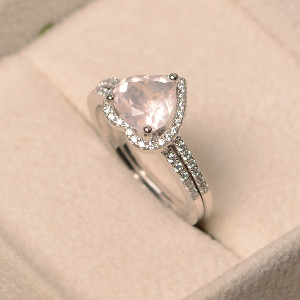 Heart Shaped Rose Quartz Halo Bridal Set Ring - LUO Jewelry