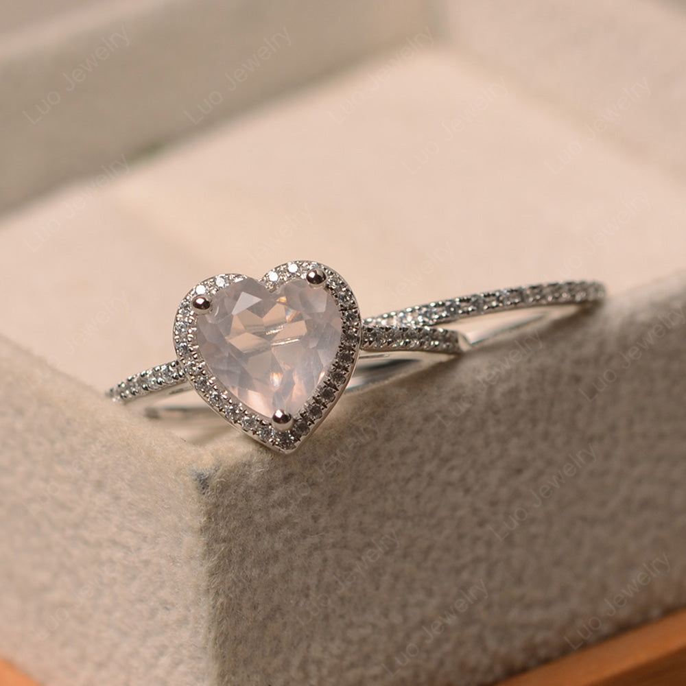 Heart Shaped Rose Quartz Halo Bridal Set Ring - LUO Jewelry
