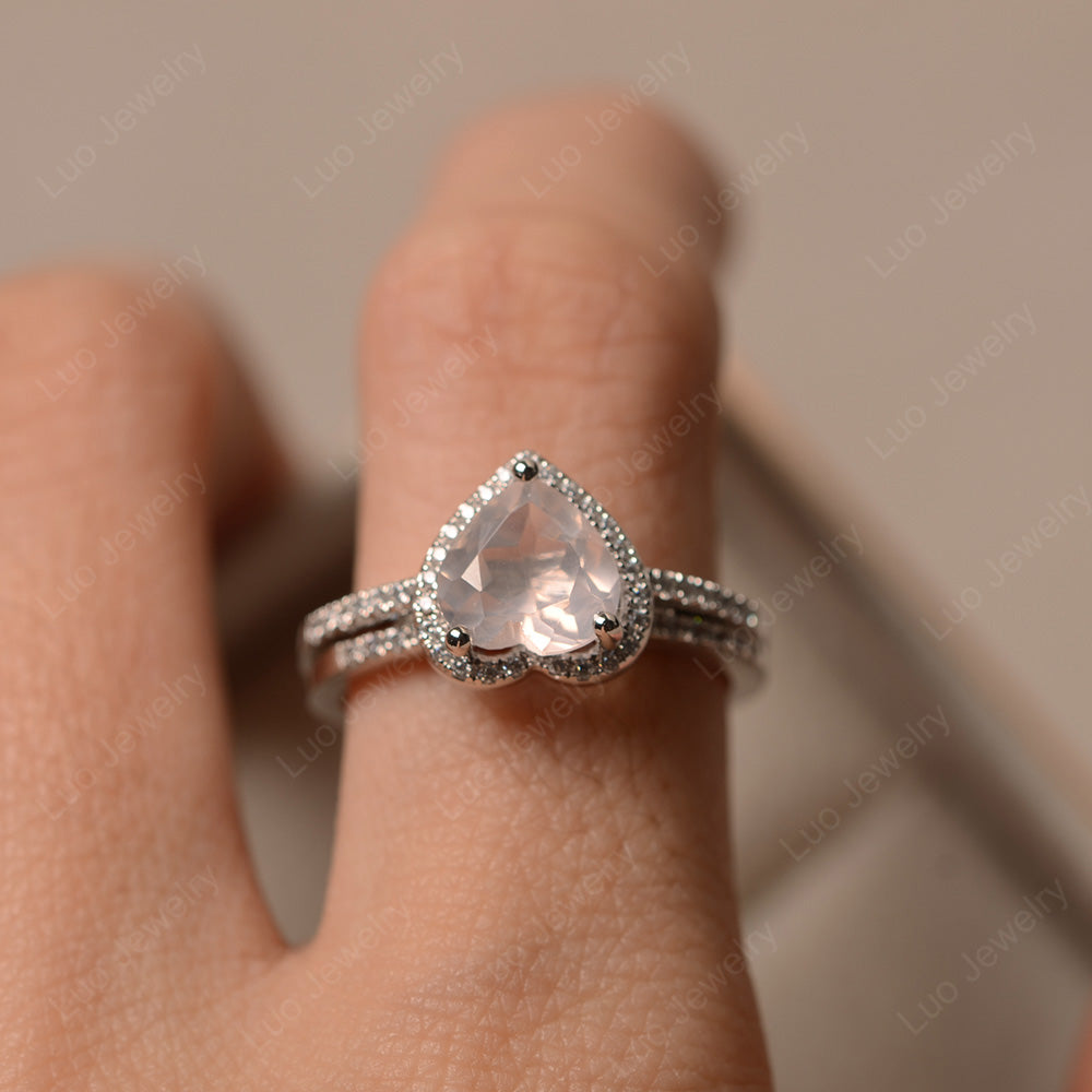 Heart Shaped Rose Quartz Halo Bridal Set Ring - LUO Jewelry