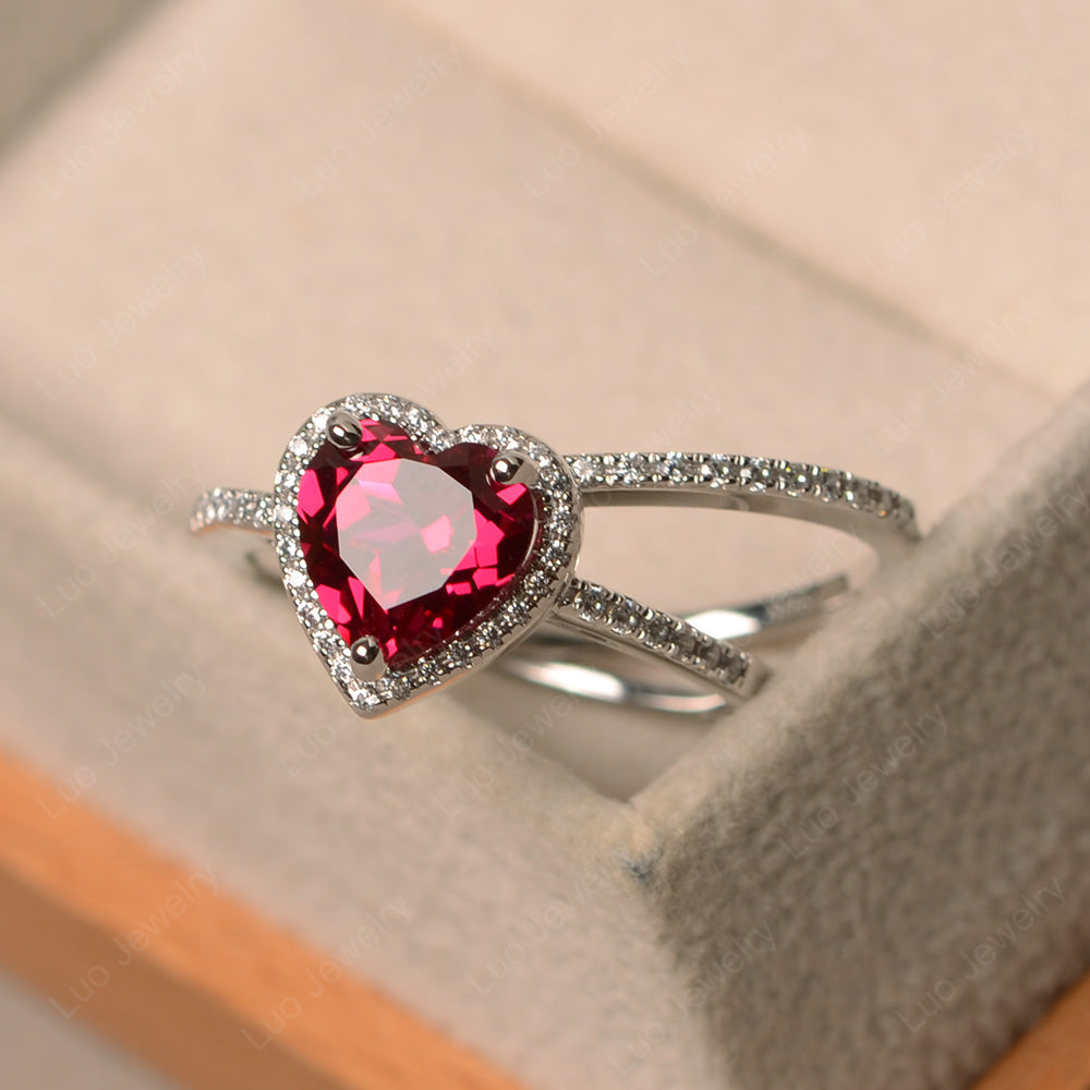 Heart Shaped Ruby Halo Bridal Set Ring - LUO Jewelry