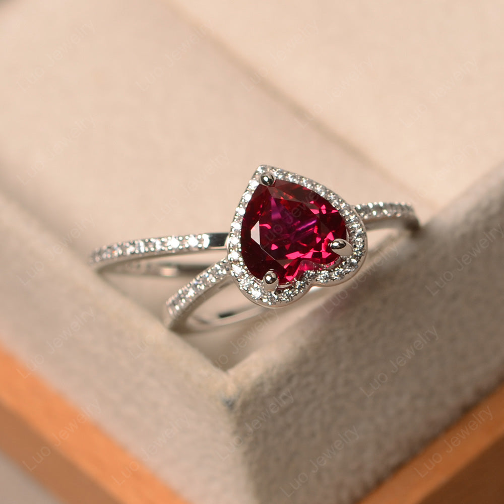Heart Shaped Ruby Halo Bridal Set Ring - LUO Jewelry