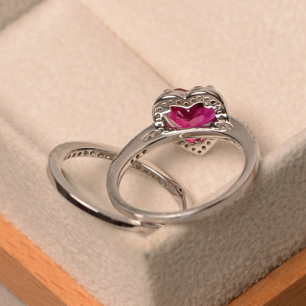 Heart Shaped Ruby Halo Bridal Set Ring - LUO Jewelry