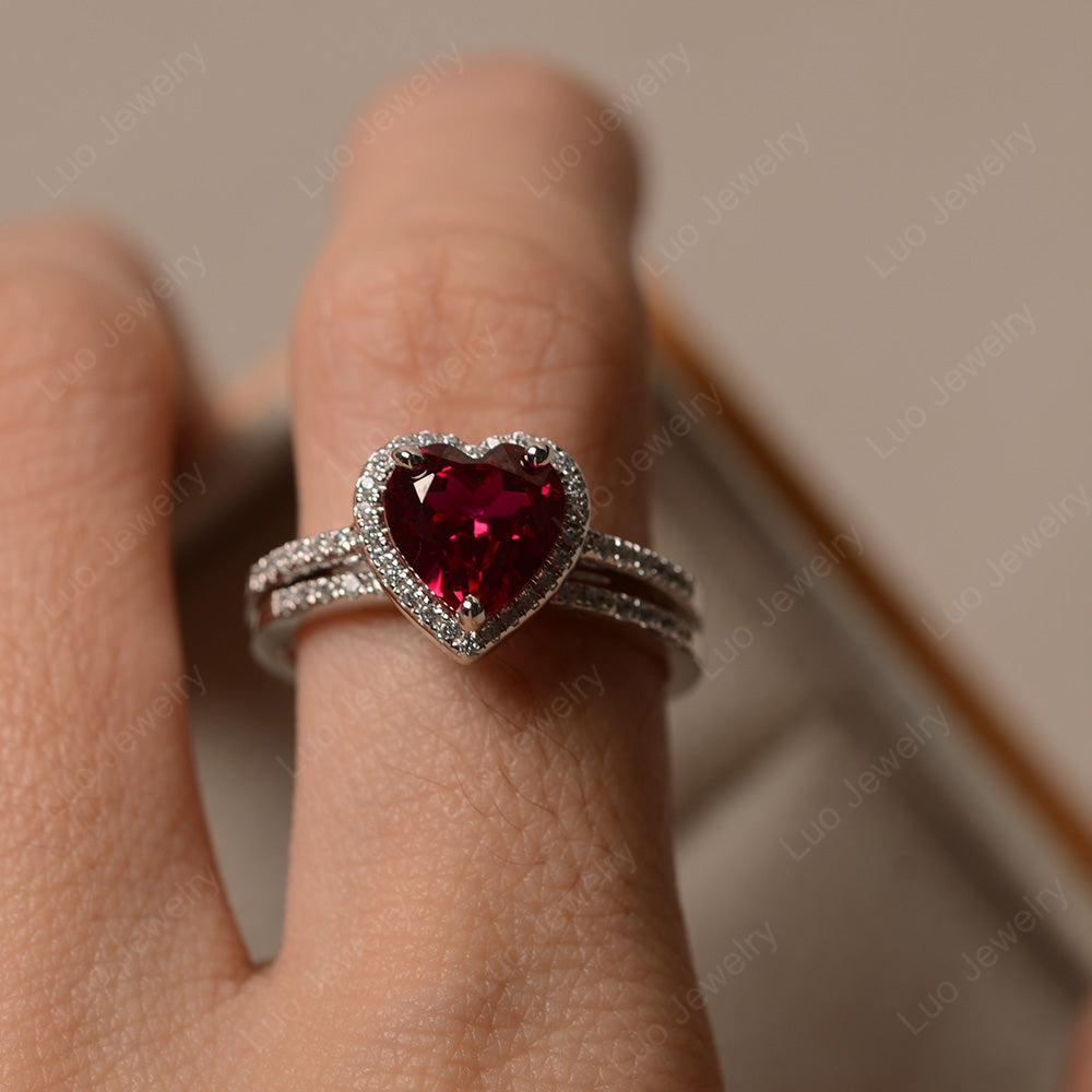 Heart Shaped Ruby Halo Bridal Set Ring - LUO Jewelry