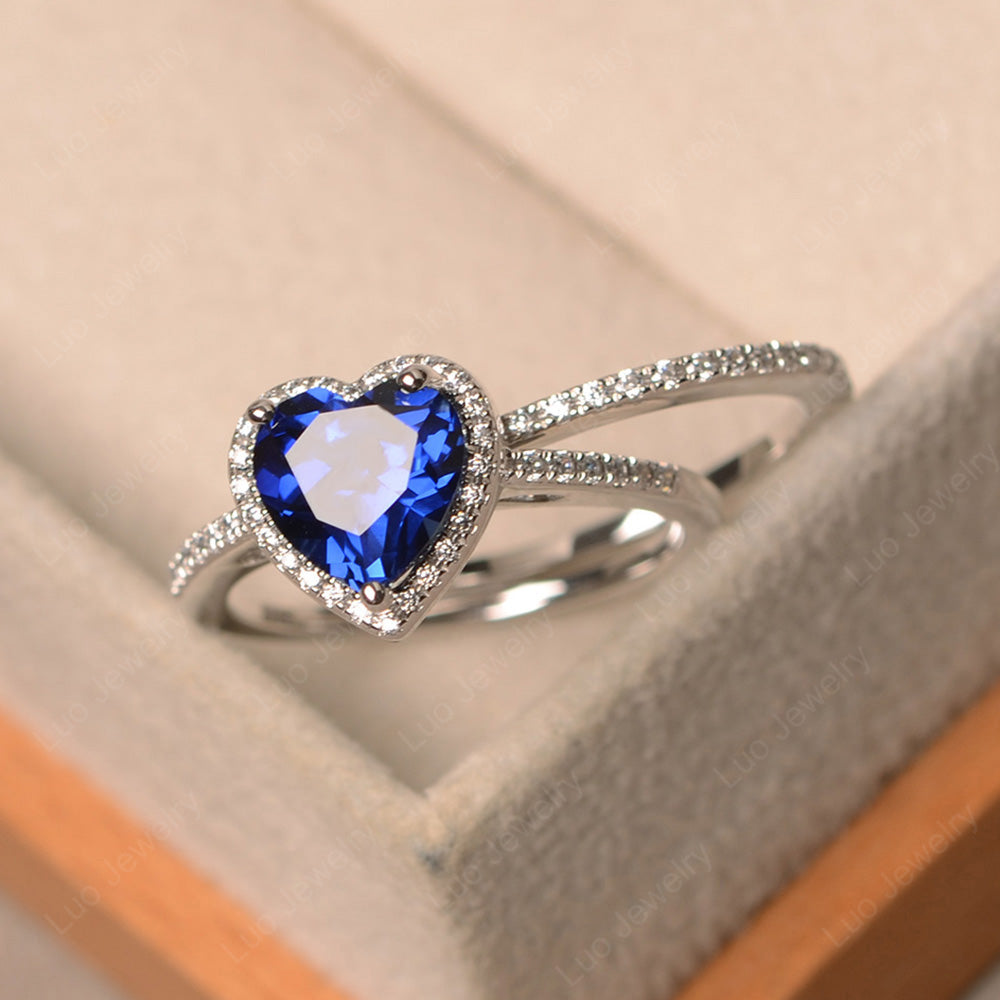 Heart Shaped Lab Sapphire Halo Bridal Set Ring - LUO Jewelry